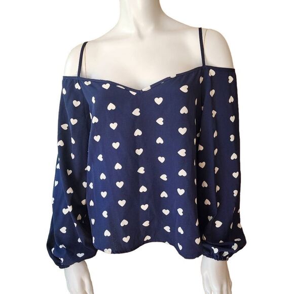 Emery Rose Blue & White Heart Cold Shoulder Blouse (M) - Picture 8 of 11
